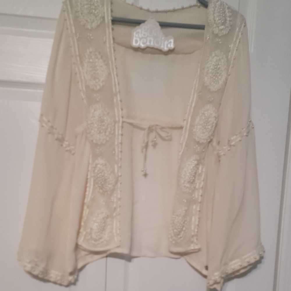 Agua Bendita Cream Pearl Embroidered Beach Cover-up